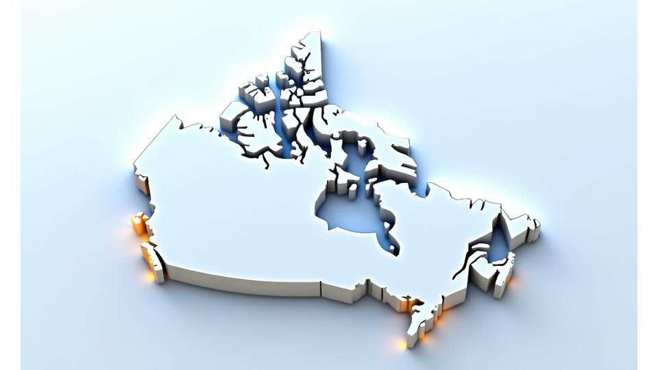 Illustrated map of Canada highlighting major cities and provinces where CarRentalCanada operates.