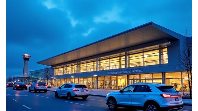 Montreal-Trudeau International Airport (YUL) exterior with active taxiway and car rentals