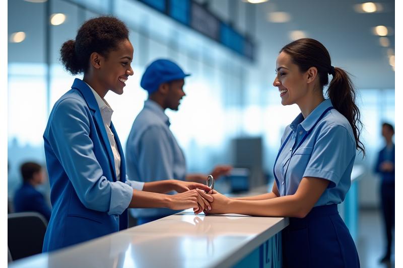Customer quickly picking up keys at an airport car rental counter, showing efficiency