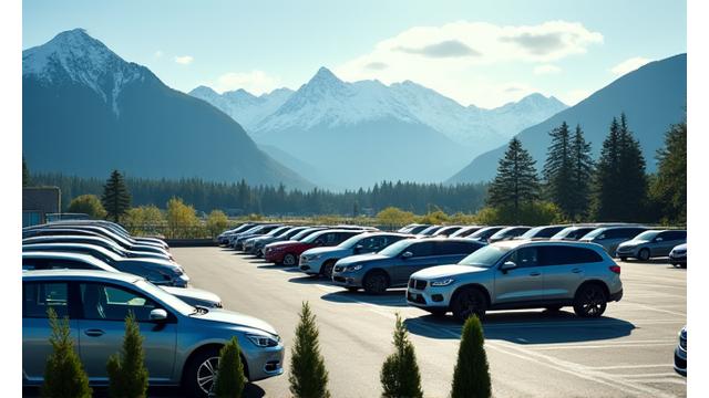 Vancouver International Airport (YVR) with mountains in the background and a rental car