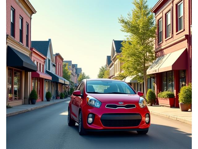 Kia Rio driving through a small, charming Canadian town