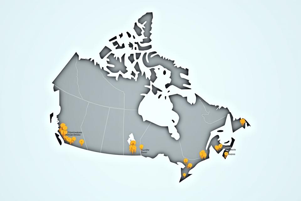 Interactive map of Canada highlighting CarRentalCanada's nationwide car hire locations, including major cities and airports.