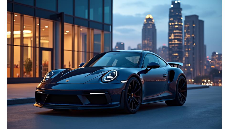 A sleek, dark grey luxury sports car parked elegantly in front of a modern glass building, bathed in soft evening light. The vehicle gleams, highlighting its sophisticated design.