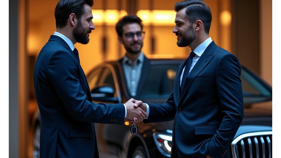 A well-dressed concierge handing car keys to a client beside a luxury vehicle in front of a high-end hotel lobby. The setting implies premium service and exclusivity.