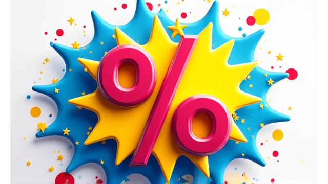 A vibrant graphic of a percentage sign inside a speech bubble, surrounded by sparkles, symbolizing special promotions and savings.