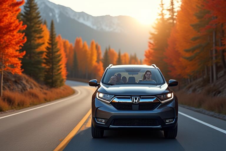 Family driving a modern SUV through a Canadian mountain landscape with stunning autumn foliage, GPS on dashboard, happy faces, symbolising a perfect holiday car rental experience.